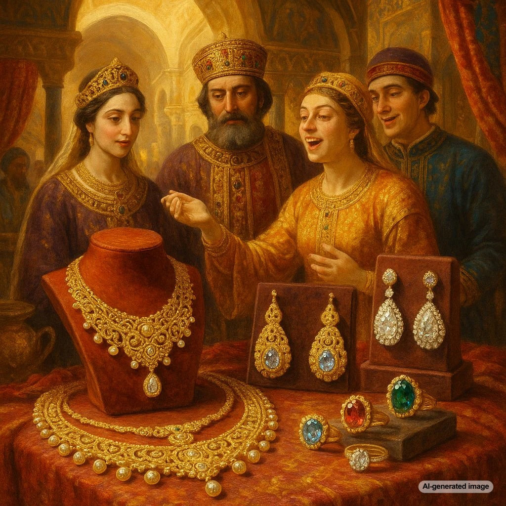 Opulent Byzantine style gold jewelry with intricate chains, crosses, and colorful gemstones on a dark background