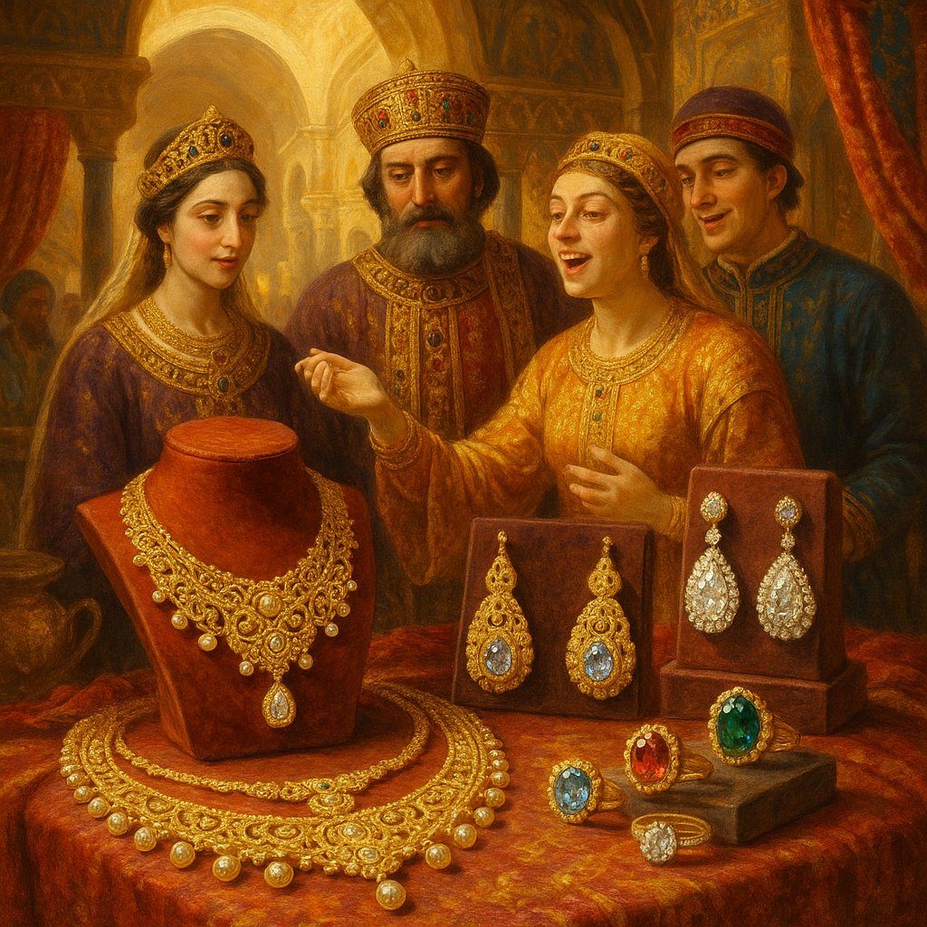 Opulent Byzantine style gold jewelry with intricate chains, crosses, and colorful gemstones on a dark background