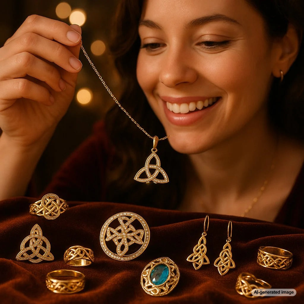 Close-up of an intricate Celtic knotwork silver necklace with green gemstone accents on a dark background