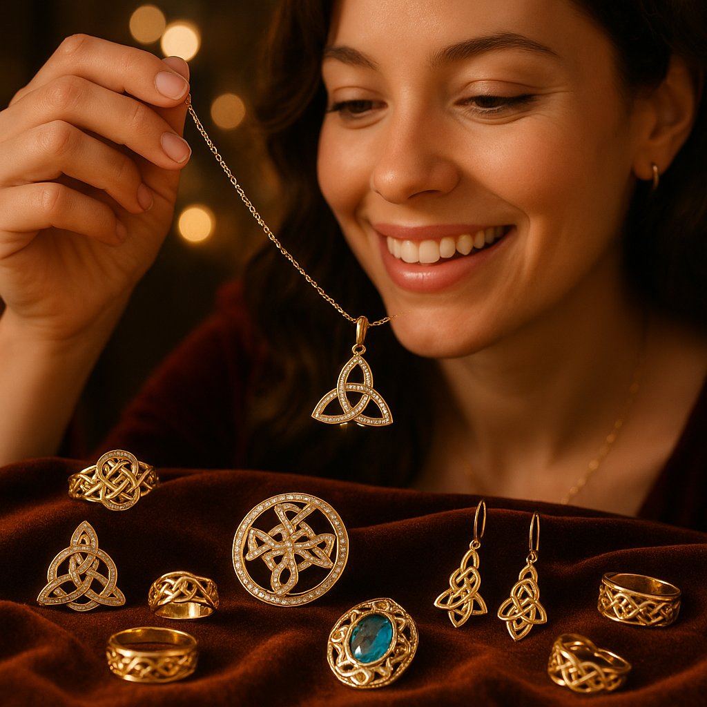 Close-up of an intricate Celtic knotwork silver necklace with green gemstone accents on a dark background