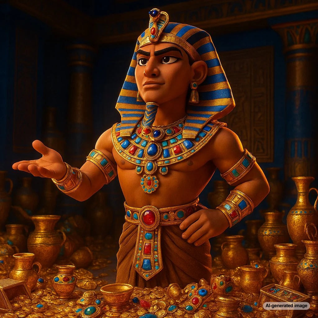 Ancient Egyptian pharaoh jewelry featuring gold collars, gemstones, and symbolic designs displayed at Robinson's Jewelers