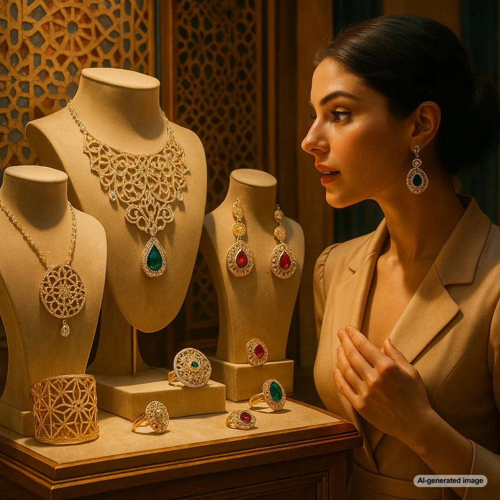 Intricate Islamic geometric jewelry patterns featuring gold filigree and gemstones