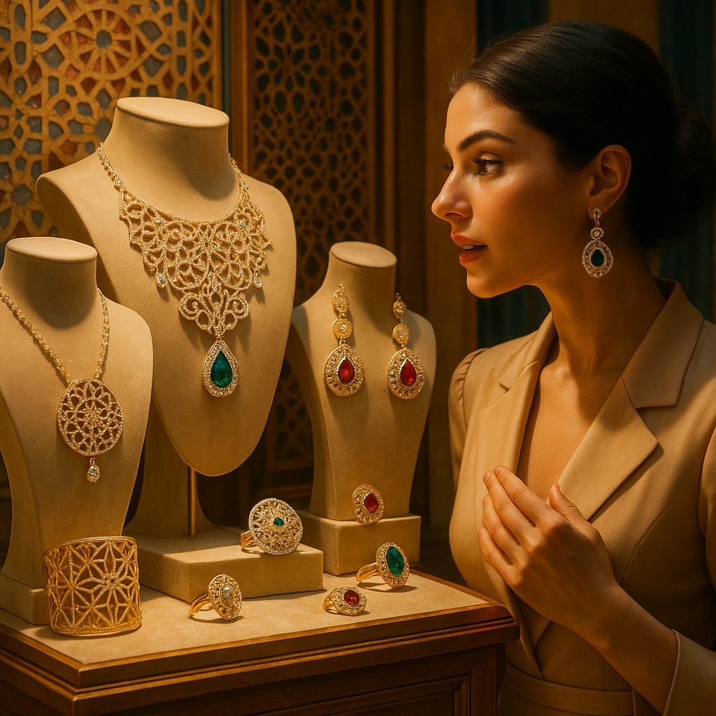 Intricate Islamic geometric jewelry patterns featuring gold filigree and gemstones