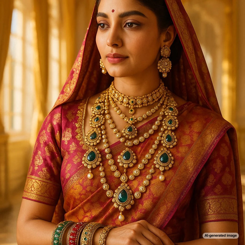 Opulent Mughal-style jewelry featuring rubies, emeralds, and diamonds in traditional Indian designs