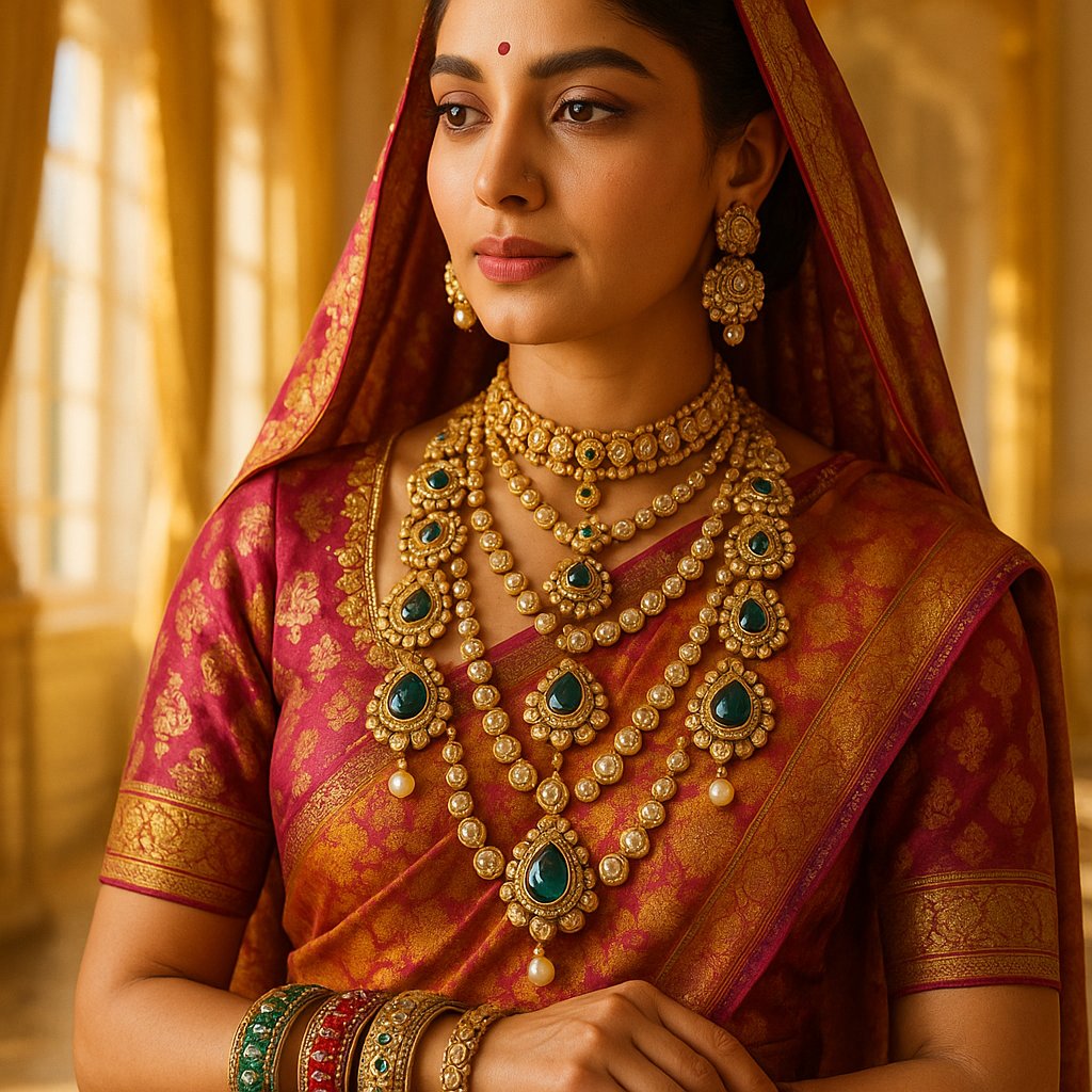 Opulent Mughal-style jewelry featuring rubies, emeralds, and diamonds in traditional Indian designs