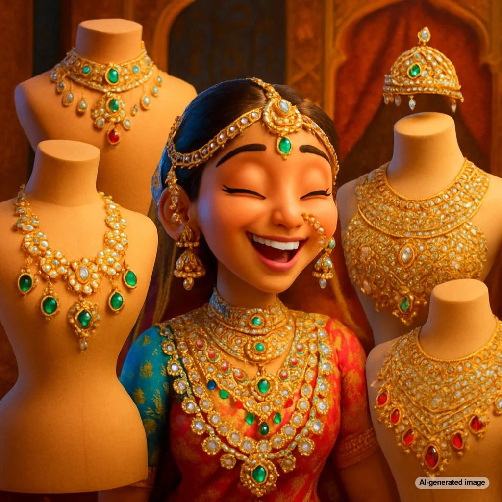 Opulent Mughal style jewelry featuring intricate gold work, emeralds, rubies, and pearls on dark velvet