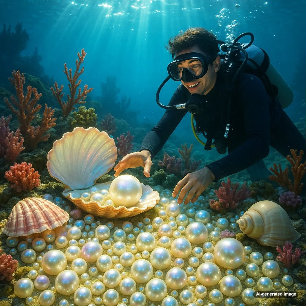 An elegant assortment of ocean-inspired jewelry featuring pearls, coral, and shells laid out on sand