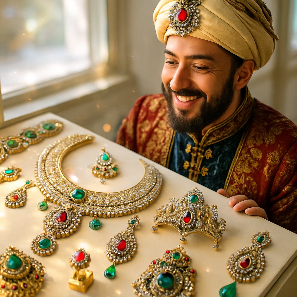 Opulent Ottoman Empire style jewelry featuring turquoise, rubies, and intricate gold designs