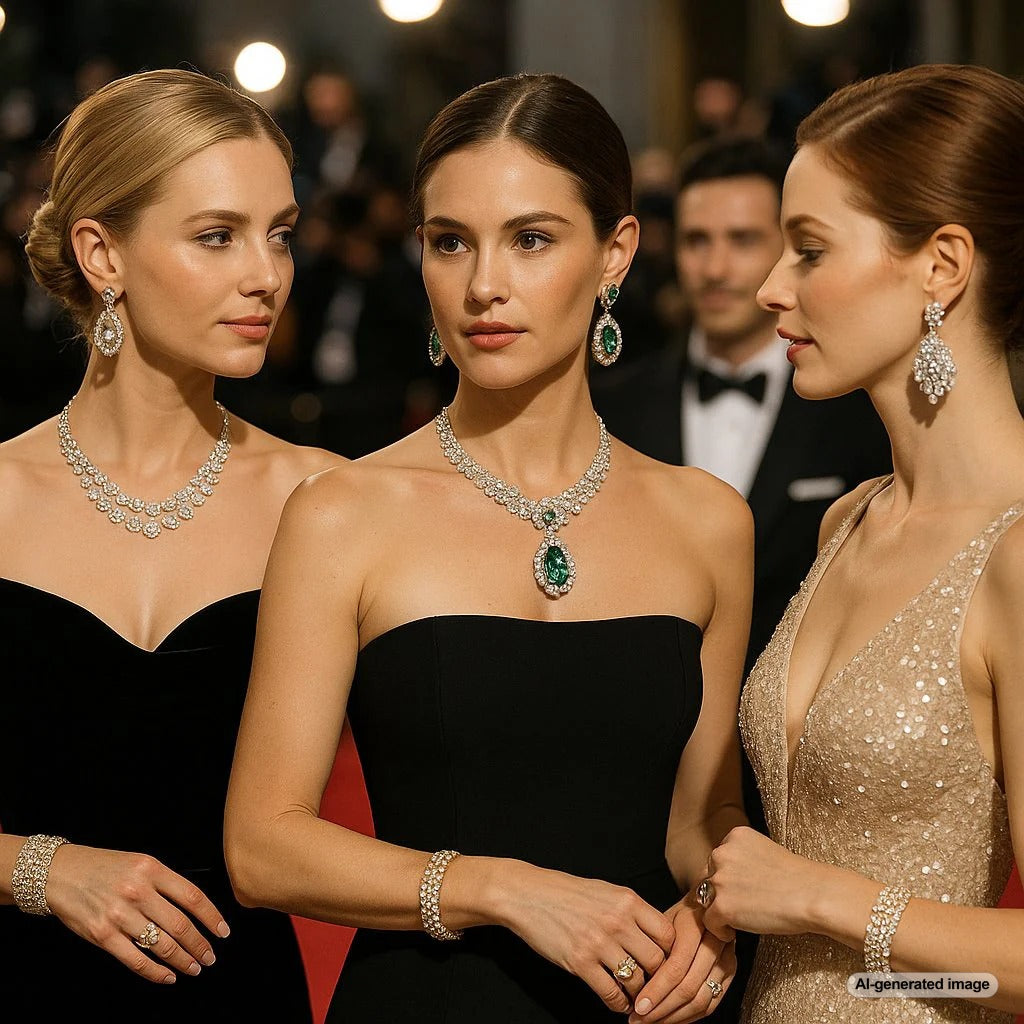 Collage of iconic celebrity red carpet jewelry moments featuring diamonds, sapphires, and pearls