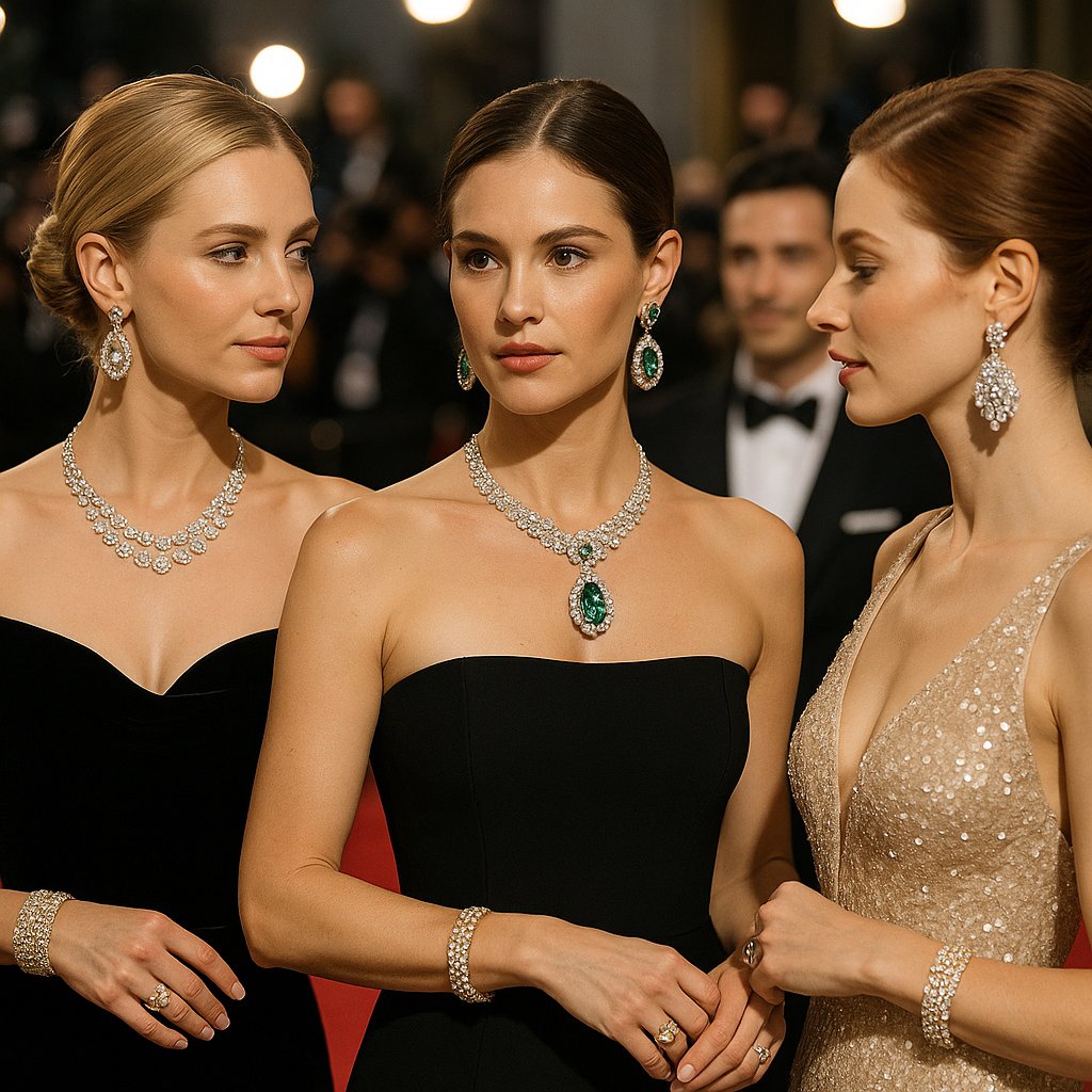 Collage of iconic celebrity red carpet jewelry moments featuring diamonds, sapphires, and pearls