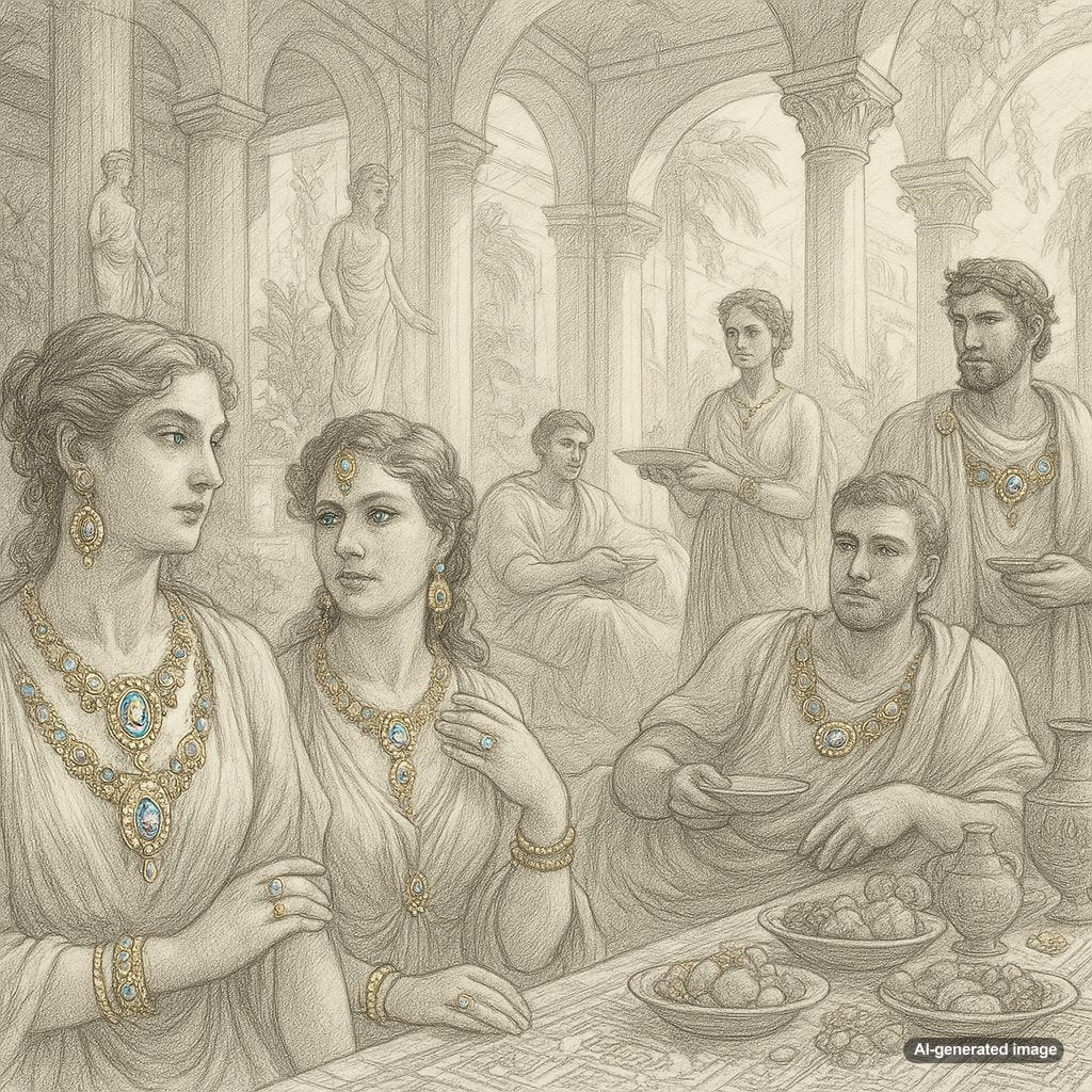 A collection of opulent ancient Roman jewelry including gold bracelets, necklaces with colorful gemstones, and intricate rings displayed on a dark background