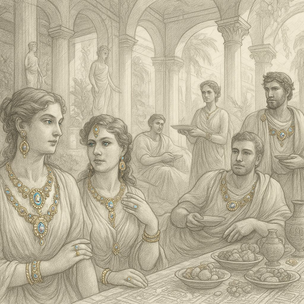 A collection of opulent ancient Roman jewelry including gold bracelets, necklaces with colorful gemstones, and intricate rings displayed on a dark background