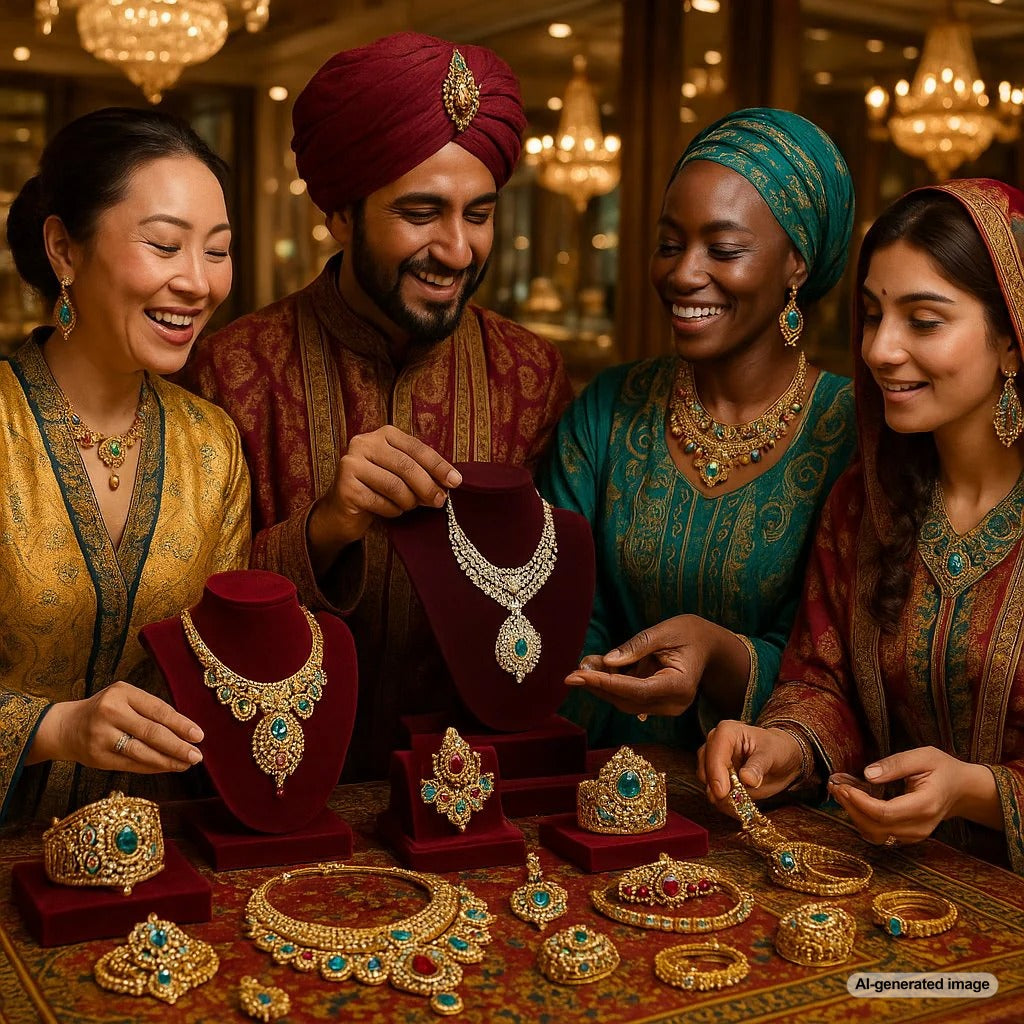 An antique map of the Silk Road overlaid with sparkling gemstones and gold jewelry pieces