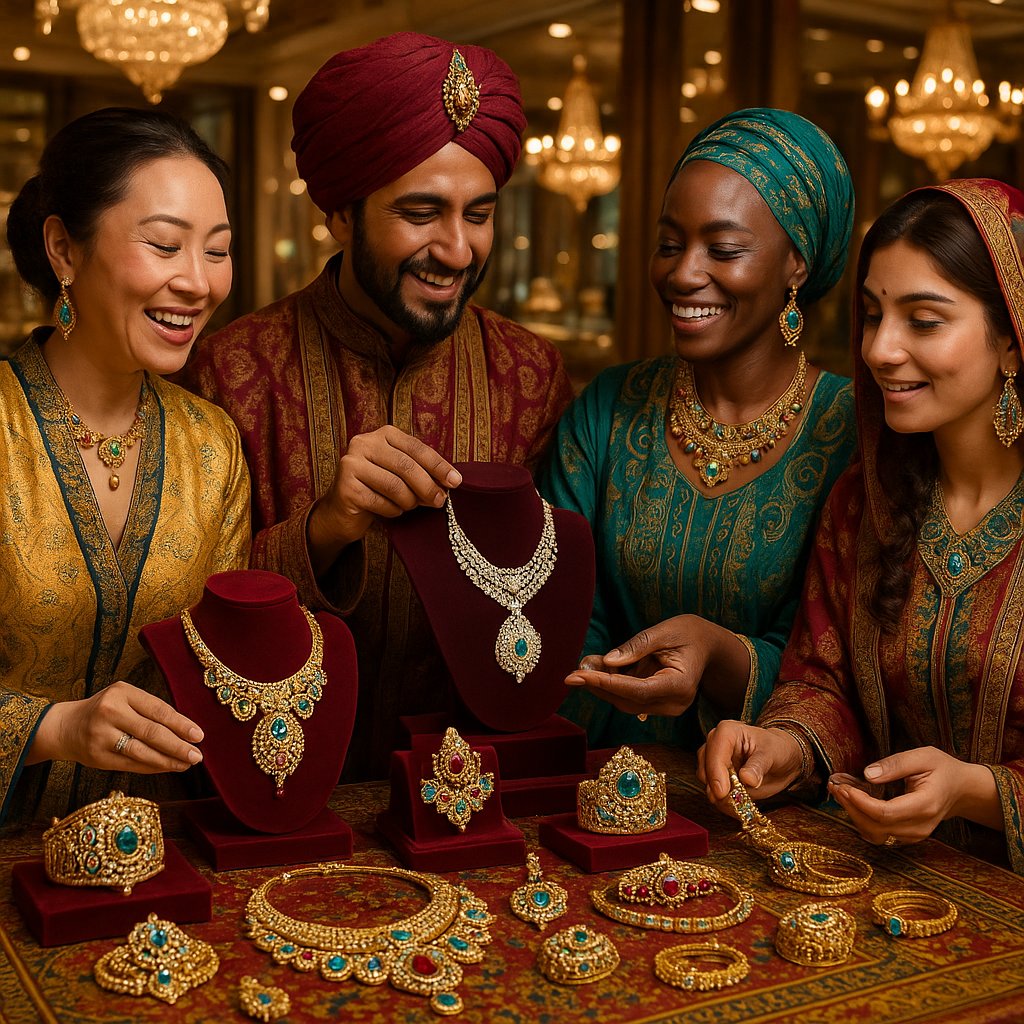 An antique map of the Silk Road overlaid with sparkling gemstones and gold jewelry pieces