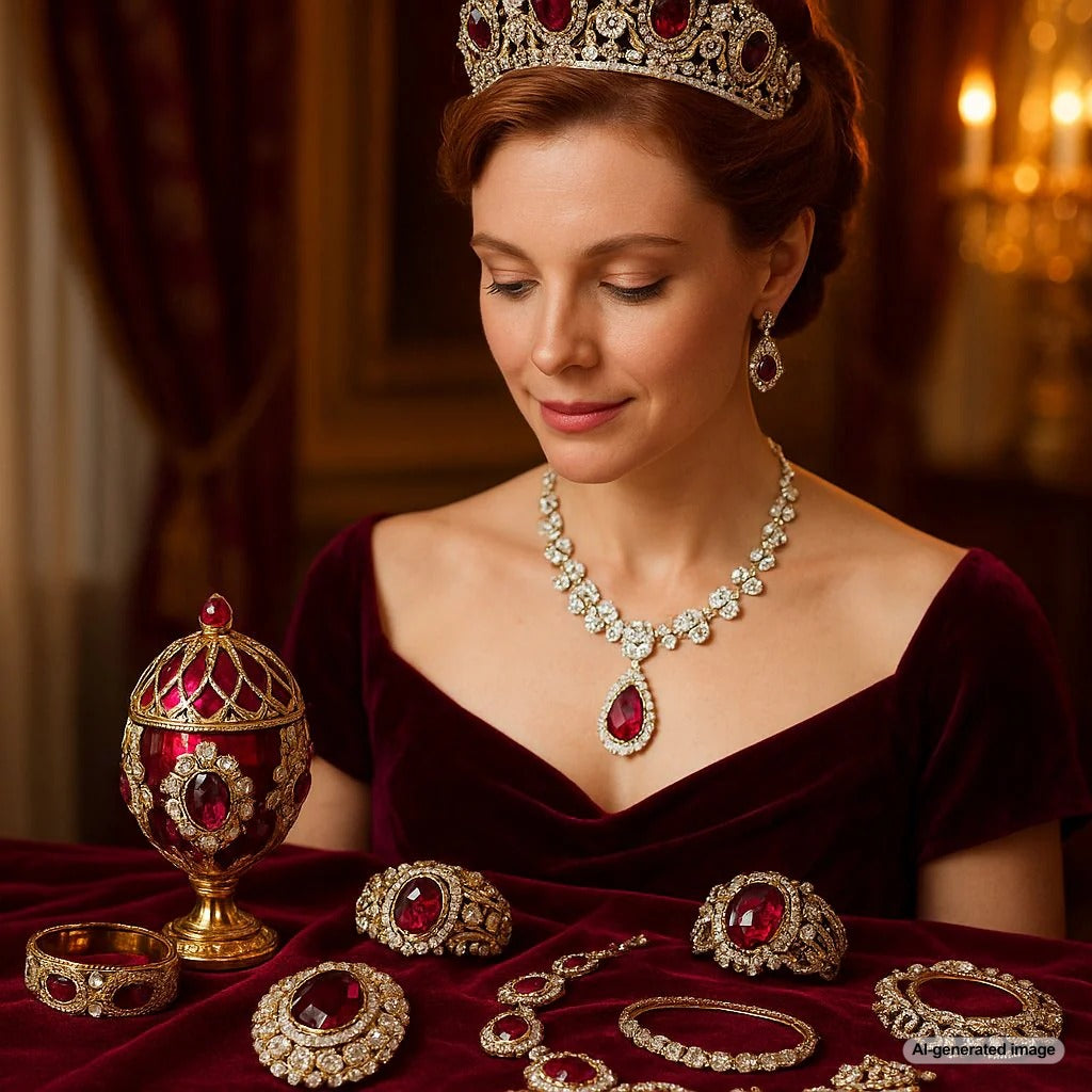 Opulent Romanov jewelry featuring diamonds, sapphires, and Faberge eggs from the Russian Imperial collection