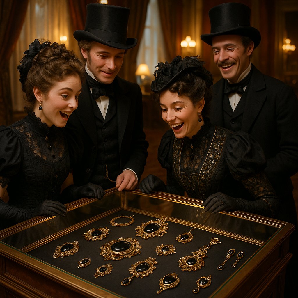 Antique Victorian mourning jewelry featuring jet black materials and intricate metalwork