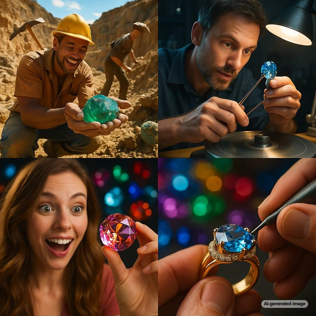 The transformative journey of a rough gemstone to a brilliantly cut and set piece of fine jewelry.