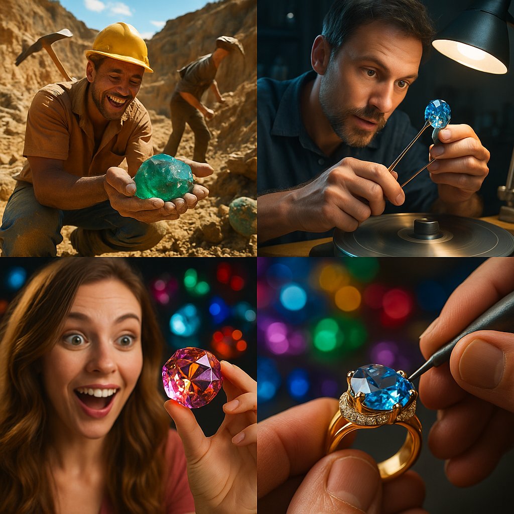 The transformative journey of a rough gemstone to a brilliantly cut and set piece of fine jewelry.