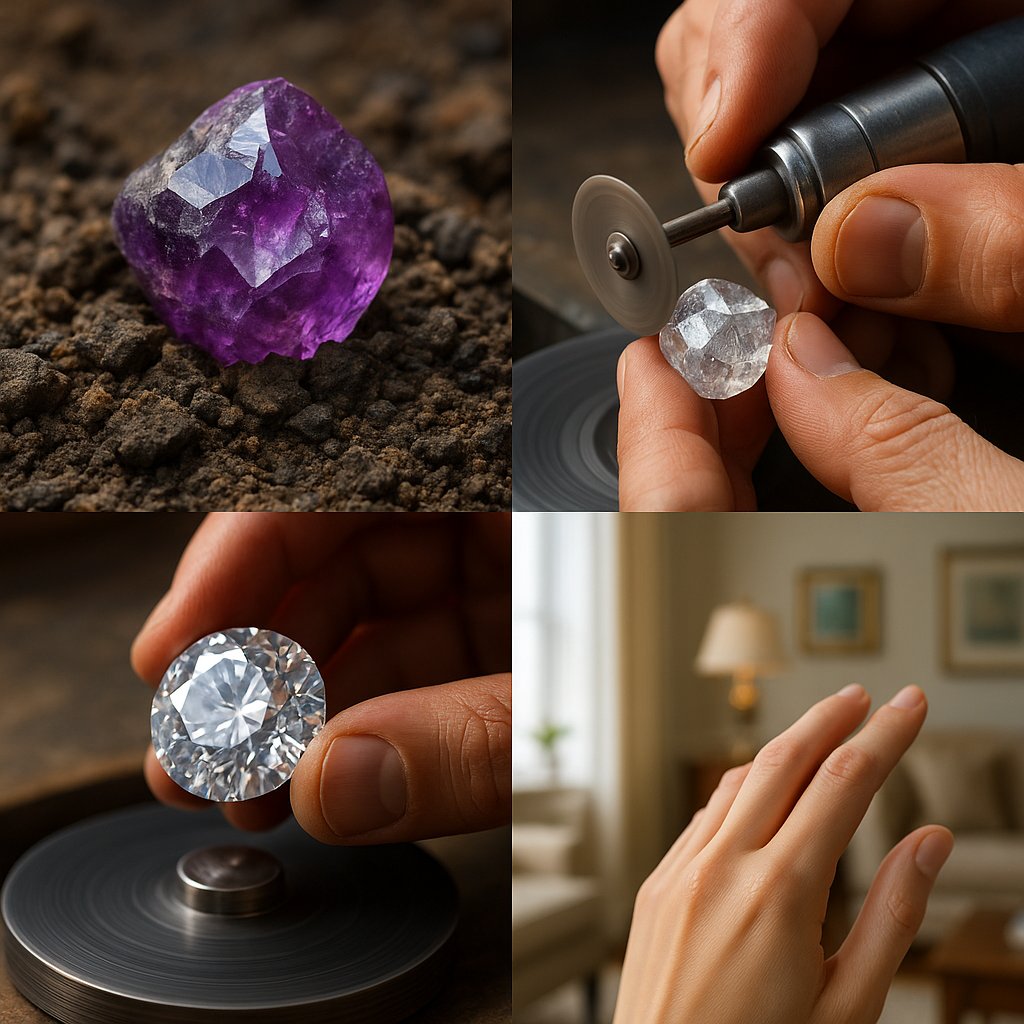 The transformation journey of a rough gemstone into beautiful refined jewelry at Robinson's Jewelers