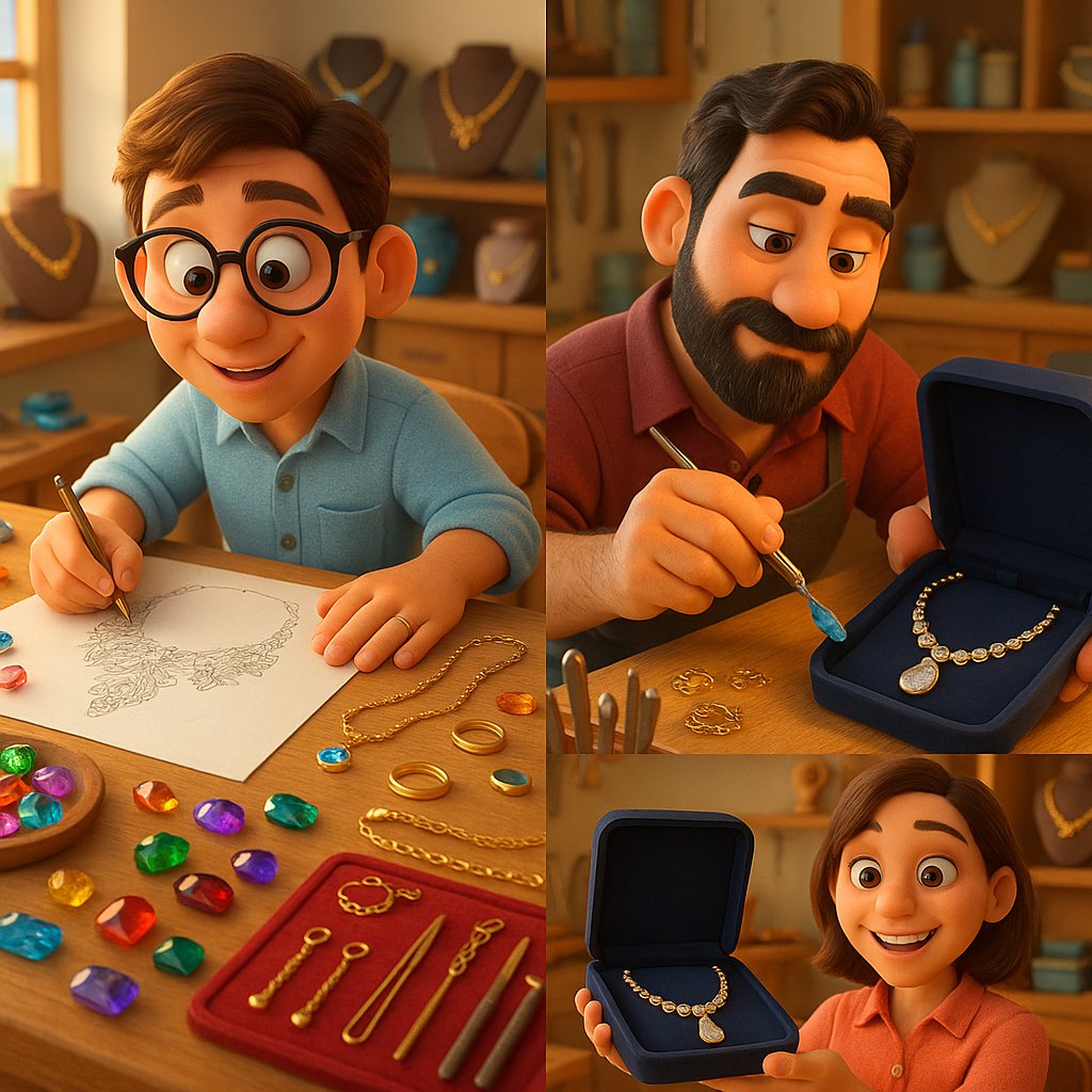 Jewelry design process showing sketches, tools, and finished pieces at Robinson's Jewelers