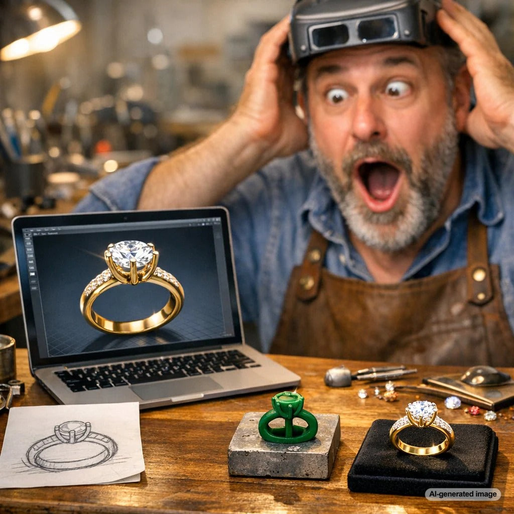 An infographic style image showing the four stages of ring creation: a hand-drawn sketch, a computer-aided design (CAD) model on a screen, a metal casting process with glowing gold, and a final polished ring on a hand.