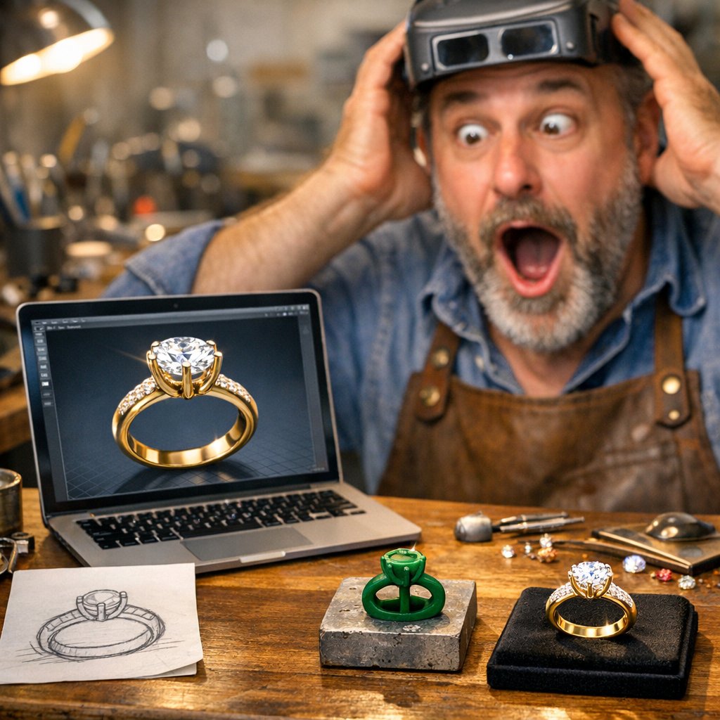 An infographic style image showing the four stages of ring creation: a hand-drawn sketch, a computer-aided design (CAD) model on a screen, a metal casting process with glowing gold, and a final polished ring on a hand.