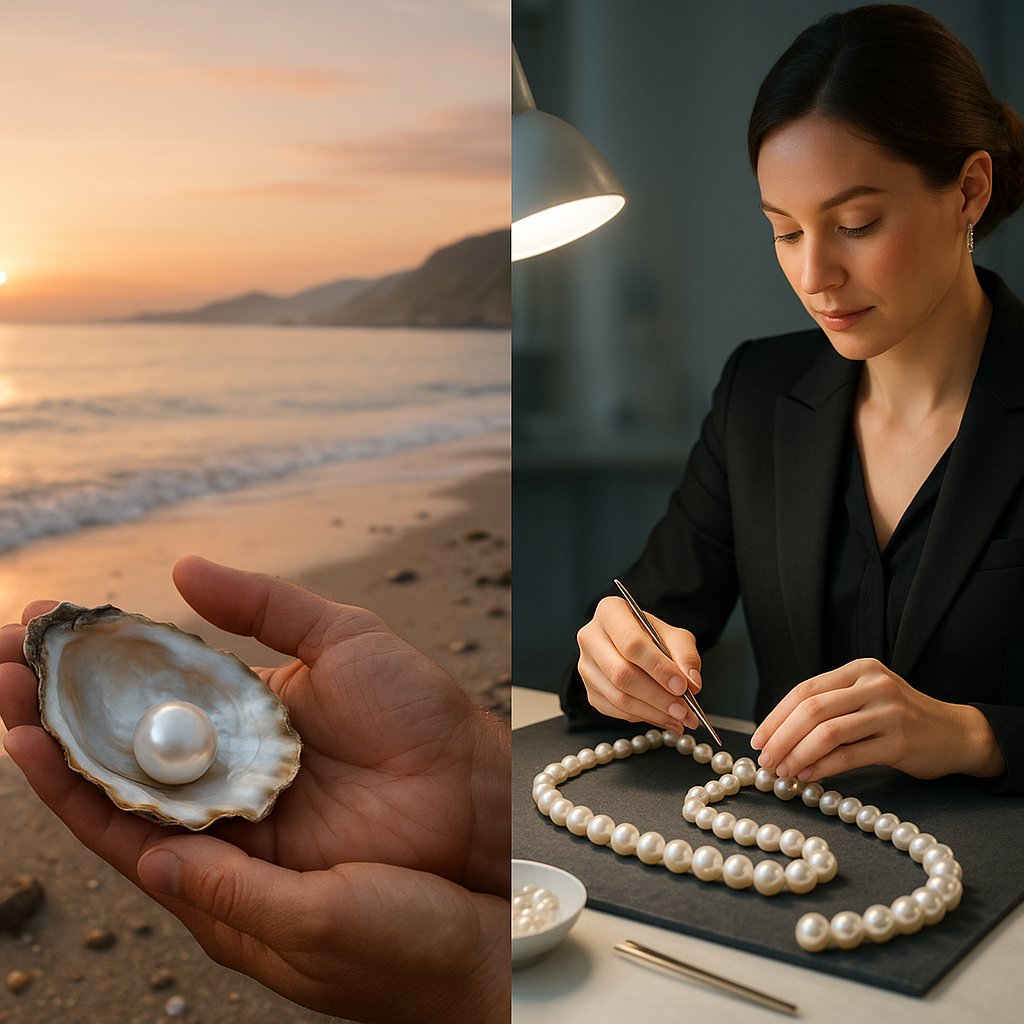 Sustainable cultured pearl formation process showing oysters in pristine marine environment