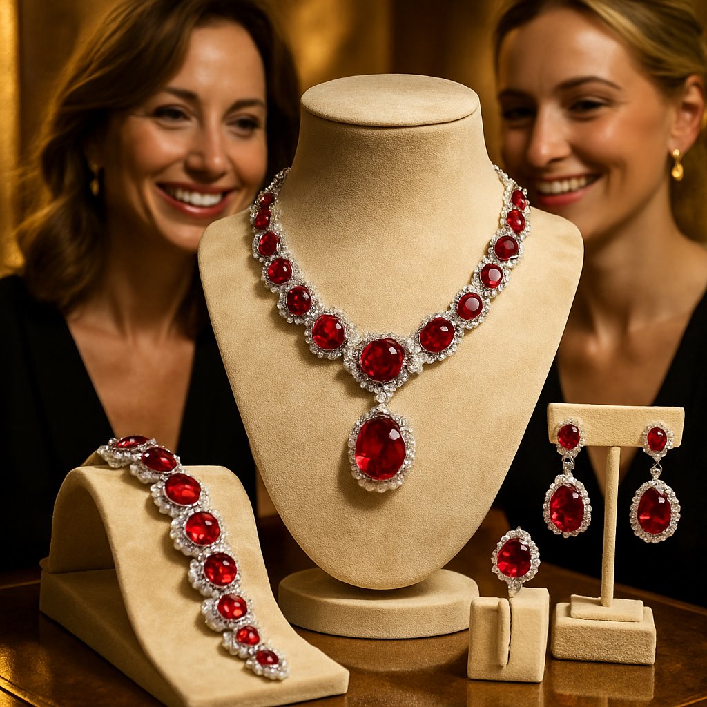 Stunning close-up of a deep red ruby gemstone set in a brilliant diamond halo, showcasing its fiery color and exceptional clarity.