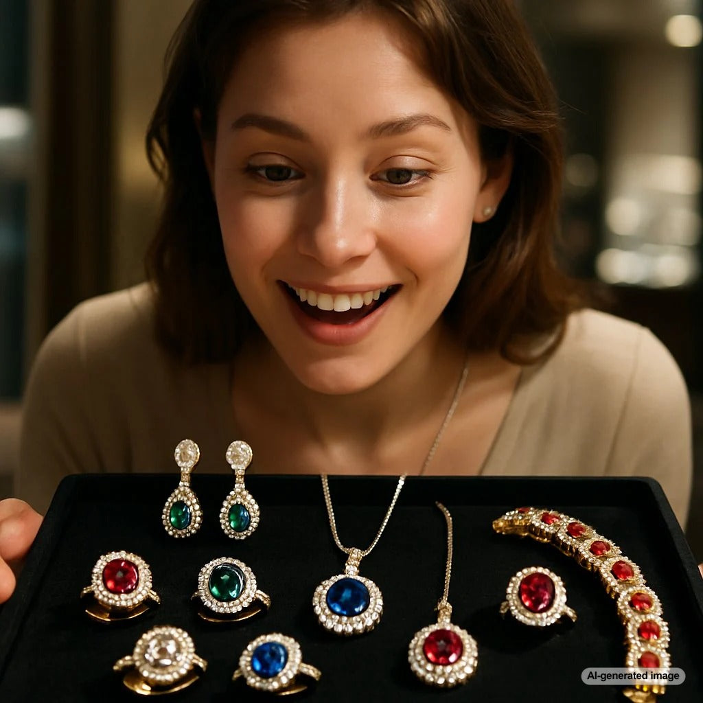 Colorful assortment of gemstone jewelry including rings, necklaces and earrings showing different cultural symbolism