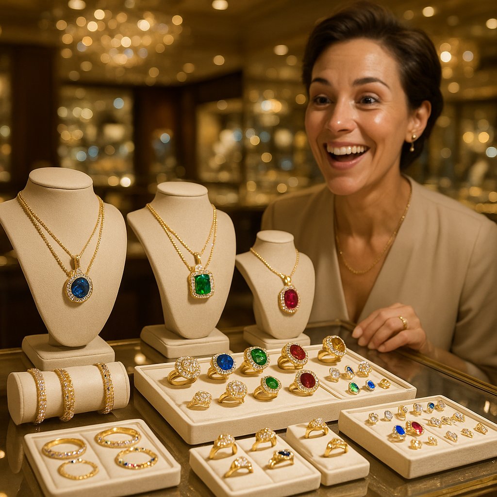 Colorful assortment of gemstones including emerald, ruby, sapphire, and amethyst arranged in dictionary formation