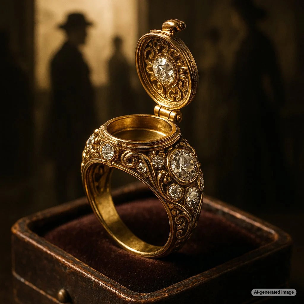 Antique gold poison ring with intricate design and open compartment revealing its secret