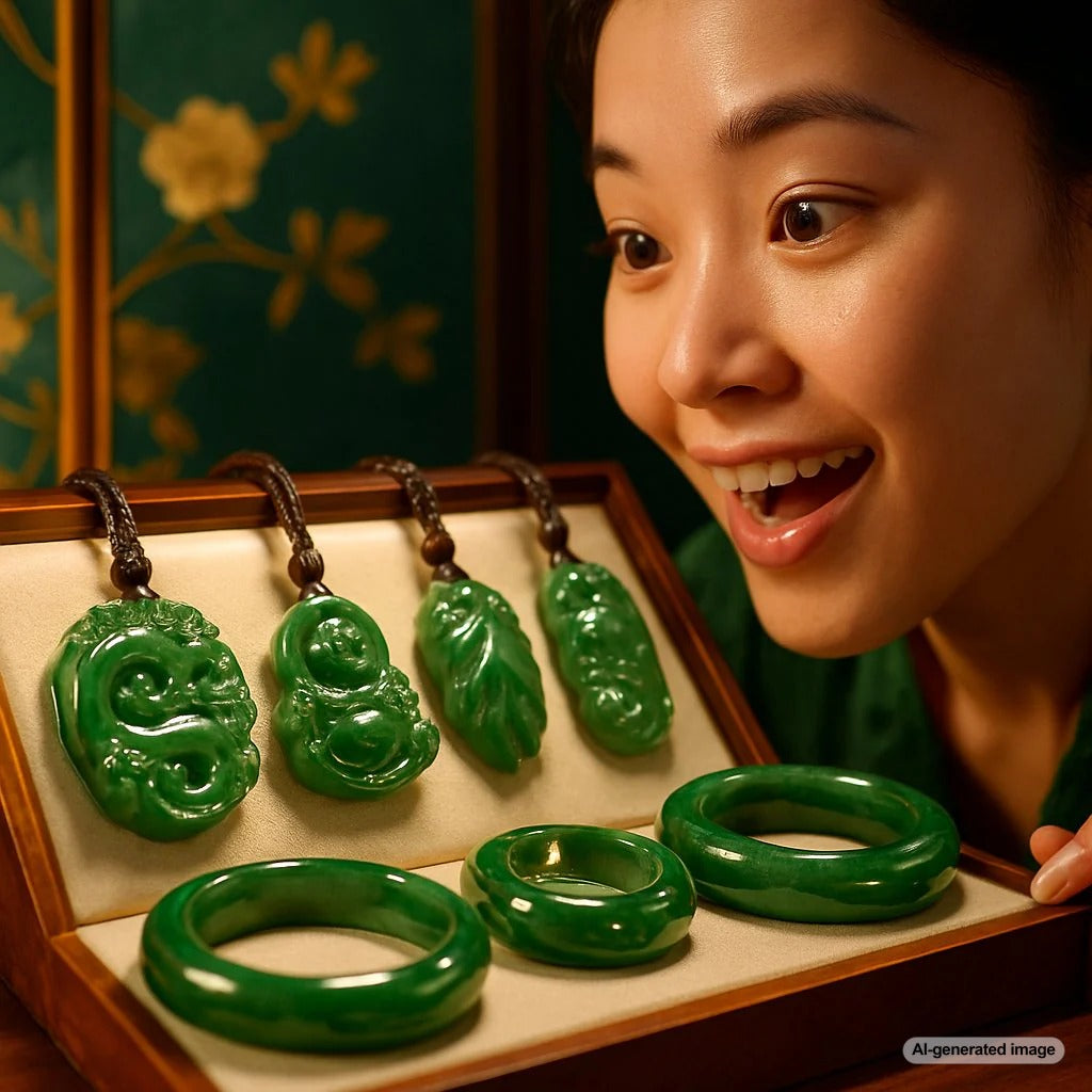 A stunning collection of jade jewelry including bracelets, pendants, and carved pieces showcasing vibrant green and lavender hues
