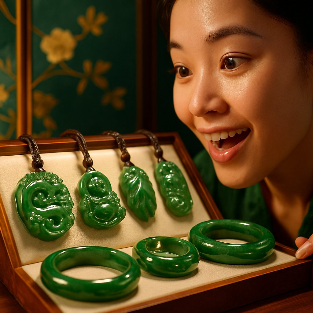A stunning collection of jade jewelry including bracelets, pendants, and carved pieces showcasing vibrant green and lavender hues