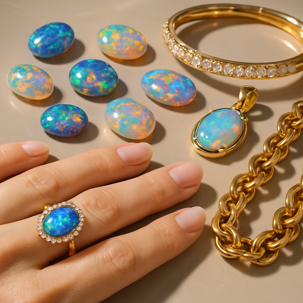 A stunning opal gemstone jewelry collection showcasing fiery play-of-color in rings, necklaces, and earrings
