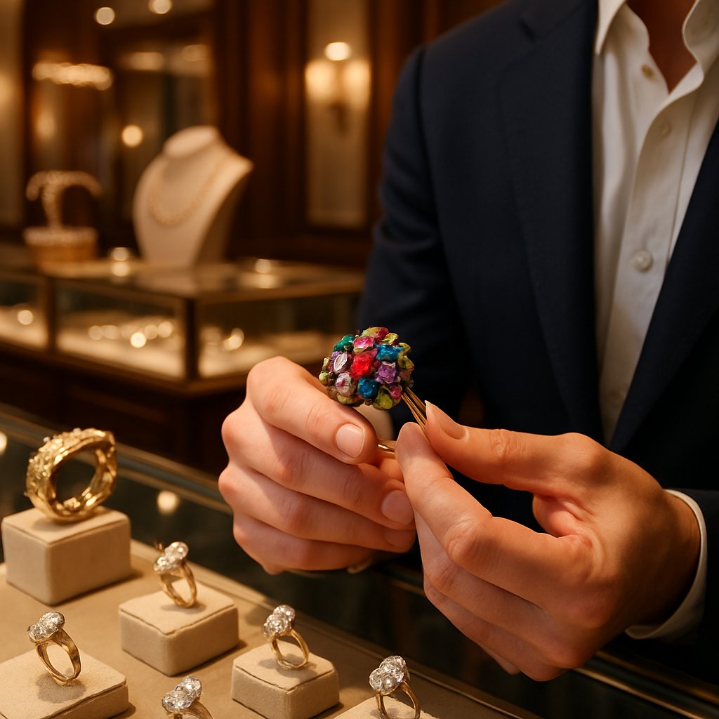 Close up of a beautiful antique acrostic regard ring featuring ruby, emerald, garnet, amethyst, and diamond gemstones