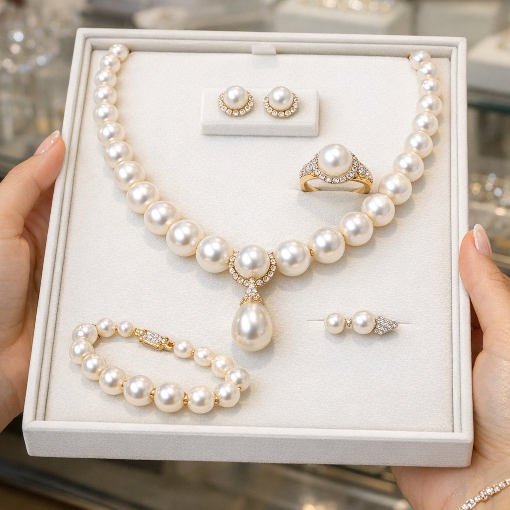 A stunning display of pearl jewelry featuring a classic pearl necklace, pearl earrings, and a pearl ring on a white background for Robinson's Jewelers.