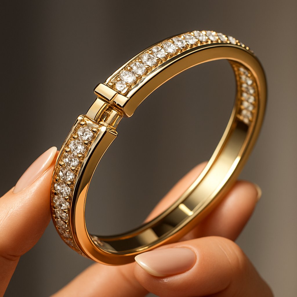 Close-up detail of a luxurious gold hinged bangle bracelet showing its intricate clasp mechanism