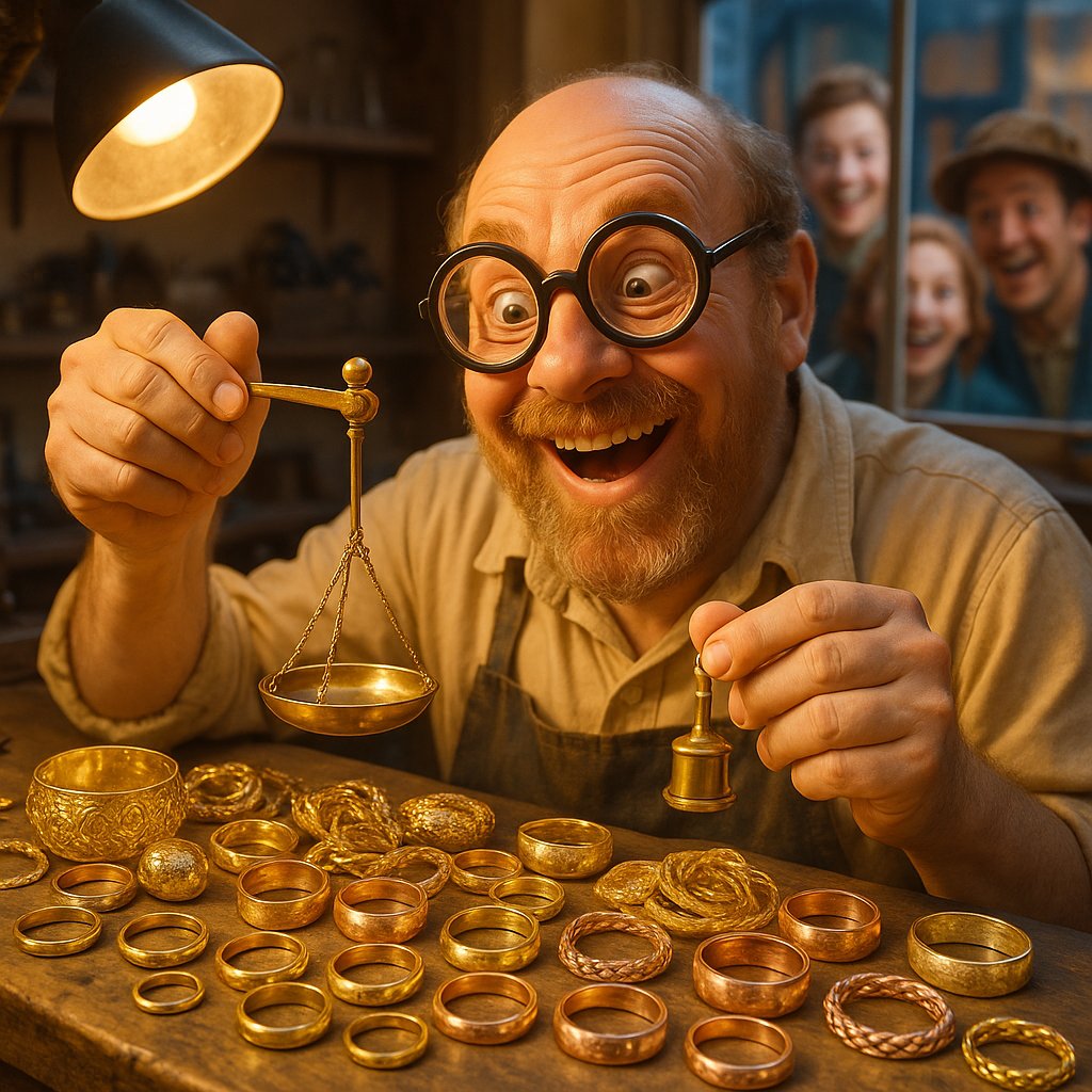 A detailed close-up of different gold jewelry pieces showcasing yellow, white, and rose gold colors in various karats