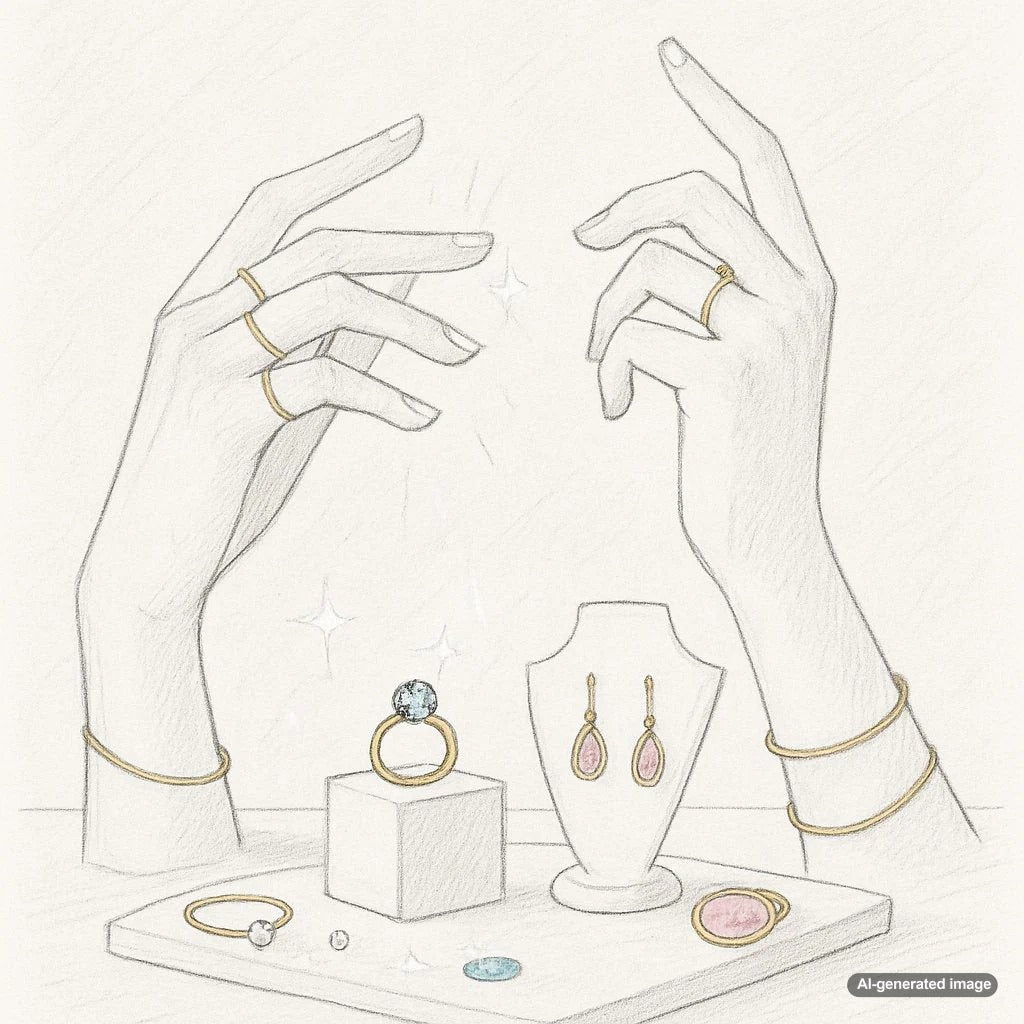 A curated collection of minimalist fine jewelry including delicate necklaces, simple bracelets, and elegant rings on a neutral background