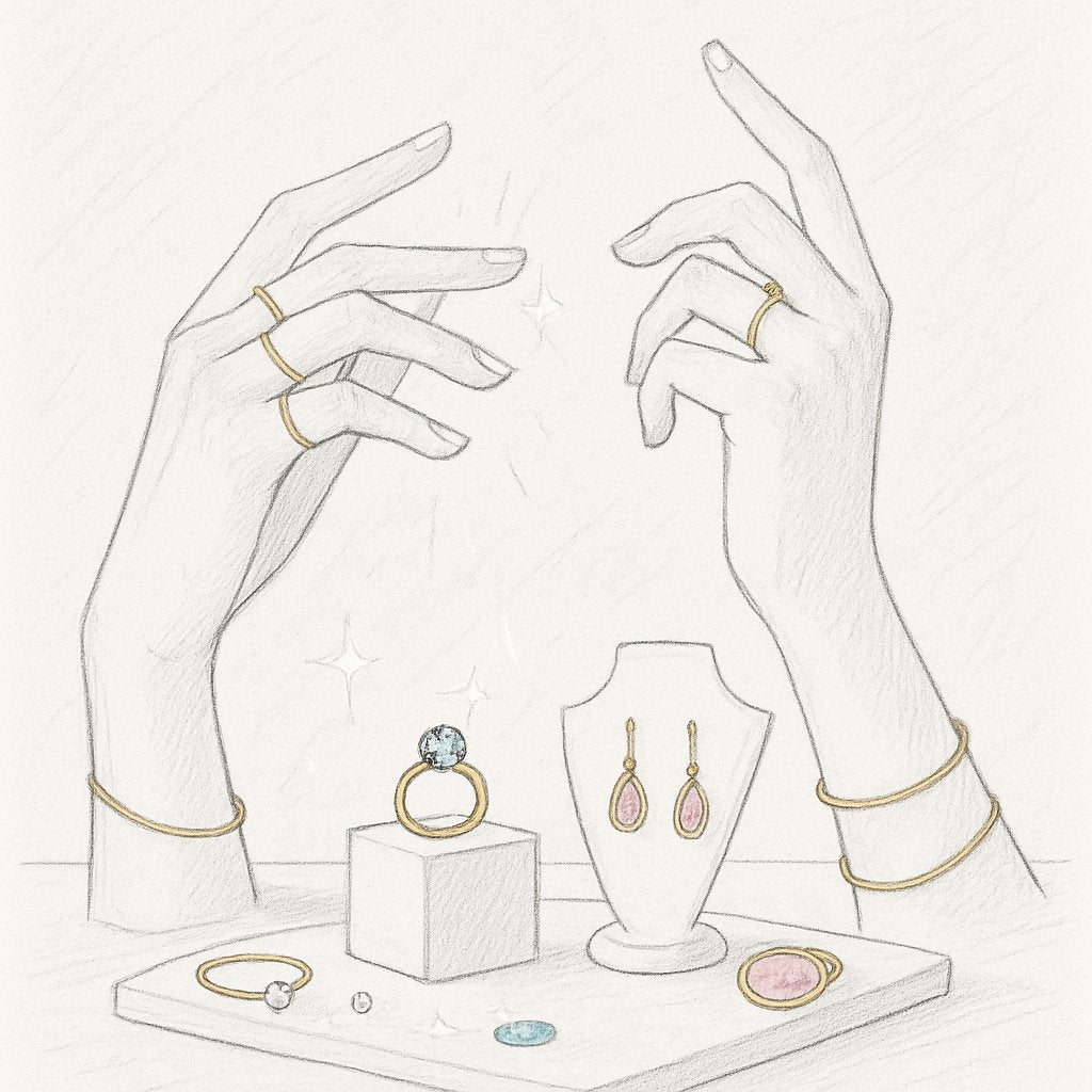 A curated collection of minimalist fine jewelry including delicate necklaces, simple bracelets, and elegant rings on a neutral background