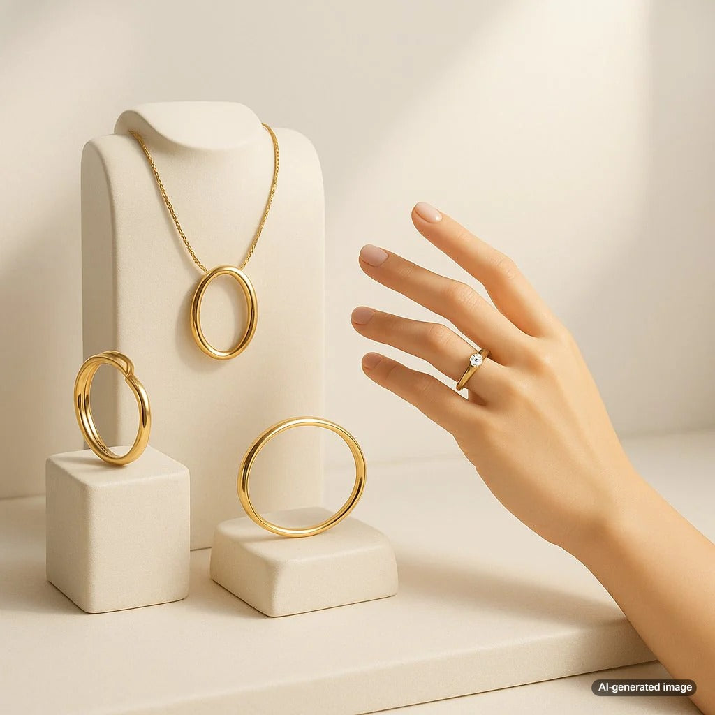 A minimalist Scandinavian-style silver necklace and bracelet with organic curves on a textured gray background, embodying Georg Jensen design principles.