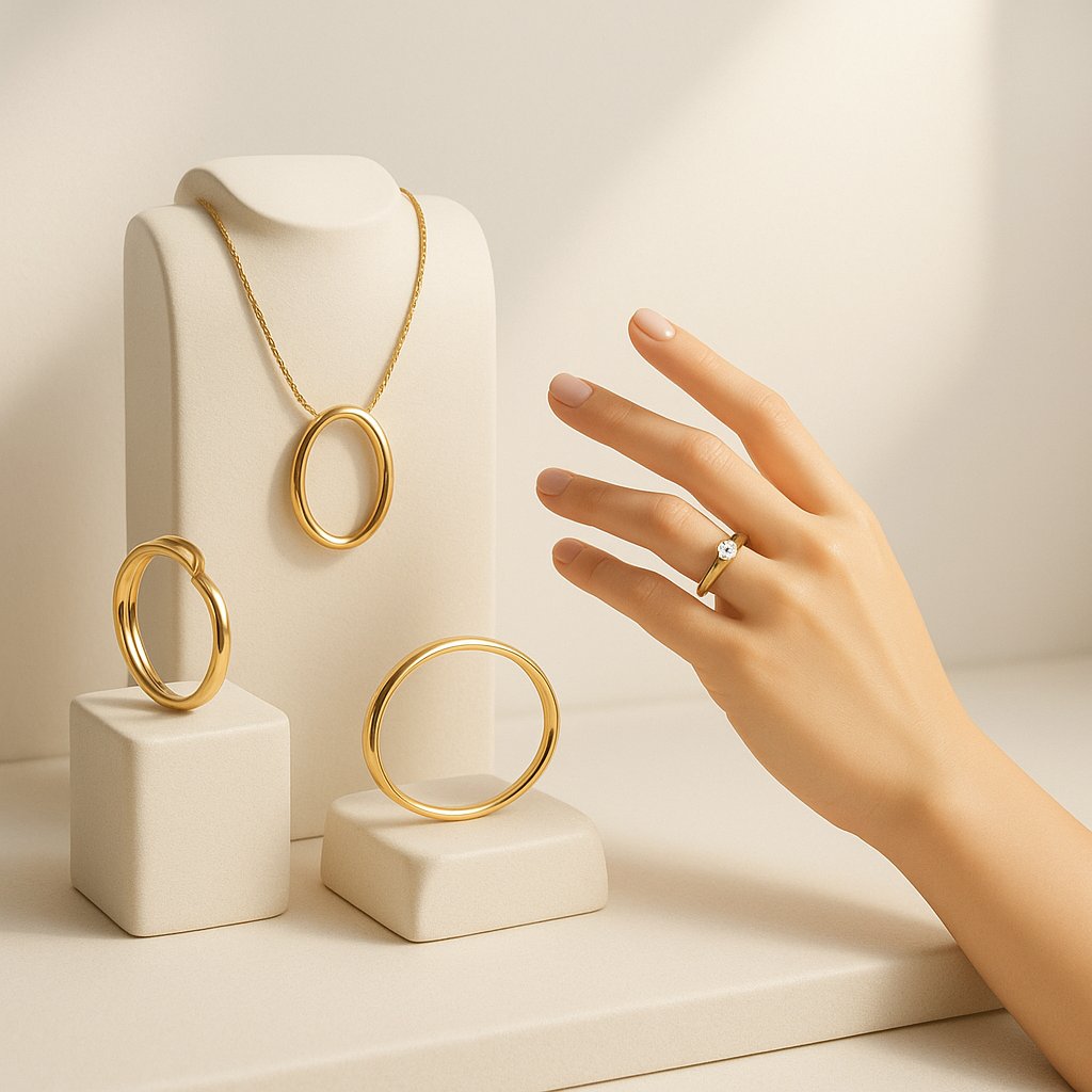 A minimalist Scandinavian-style silver necklace and bracelet with organic curves on a textured gray background, embodying Georg Jensen design principles.