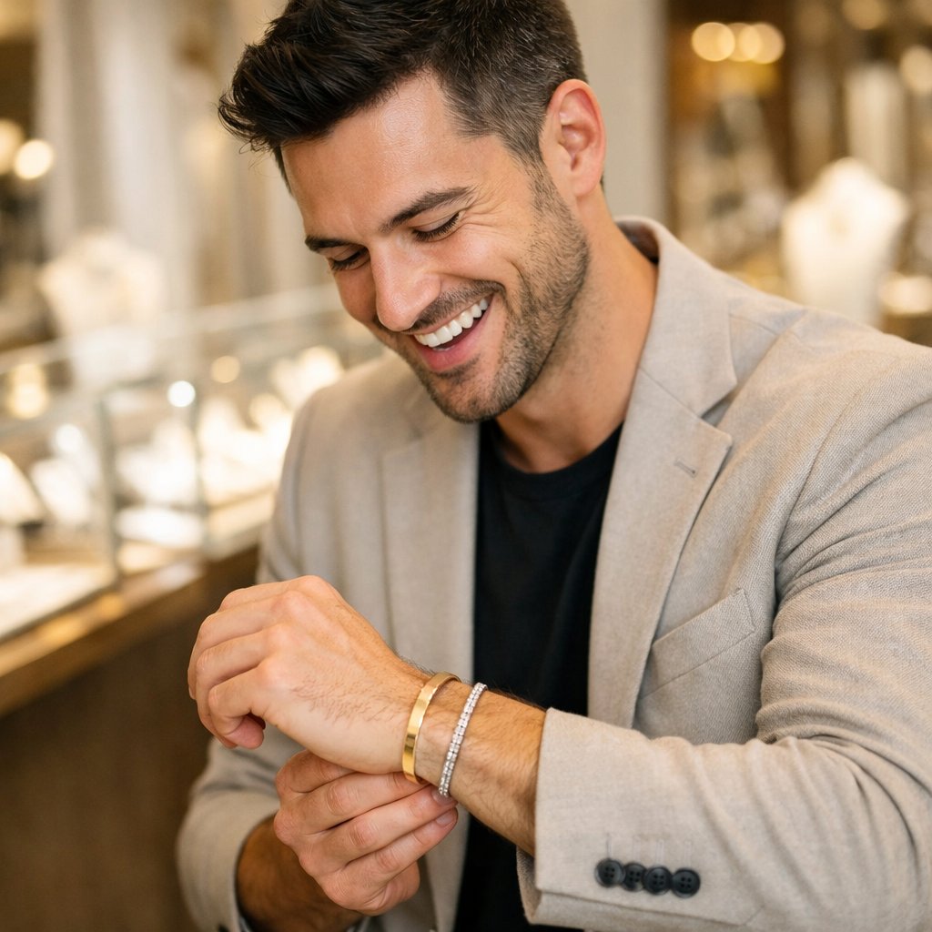 A modern man's guide to wearing a bracelet subtly, featuring a stylish stack of leather and metal bracelets on a man's wrist.