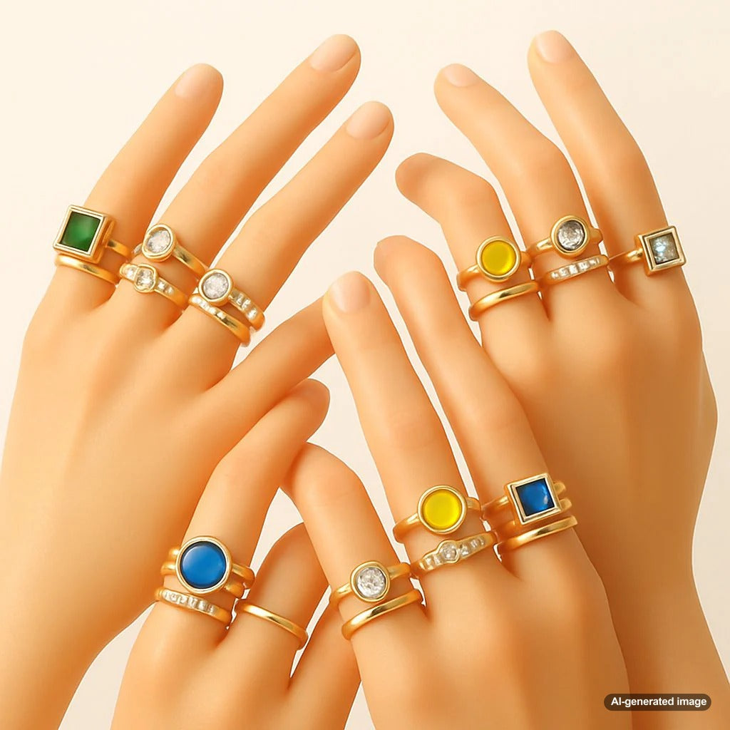 A curated stack of minimalist gold and diamond rings showcasing geometric Bauhaus-inspired designs on a woman's hand