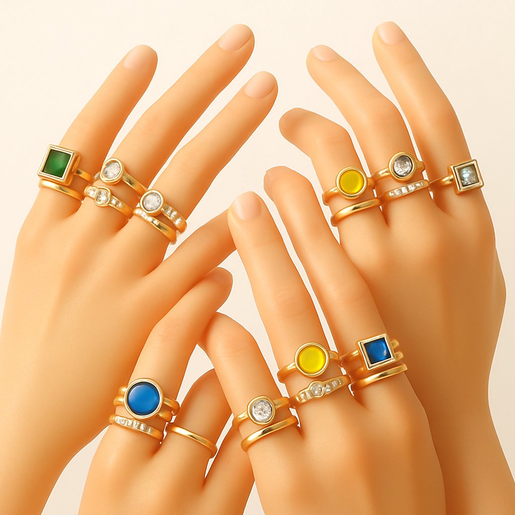 A curated stack of minimalist gold and diamond rings showcasing geometric Bauhaus-inspired designs on a woman's hand