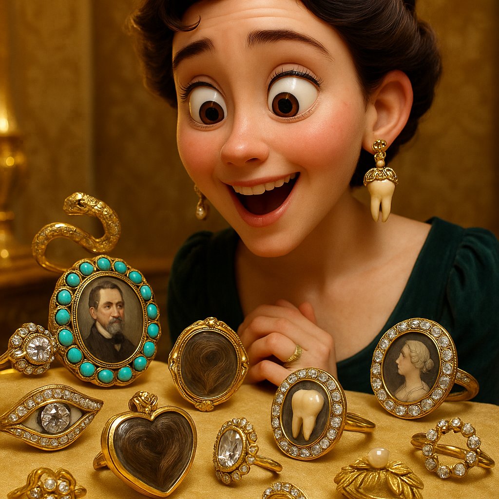 Historical jewelry pieces showcasing bizarre trends like hairwork brooches and poison rings