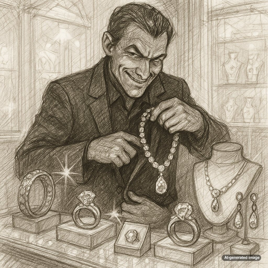 Diamond necklace and handcuffs on dark background representing jewelry used in crimes