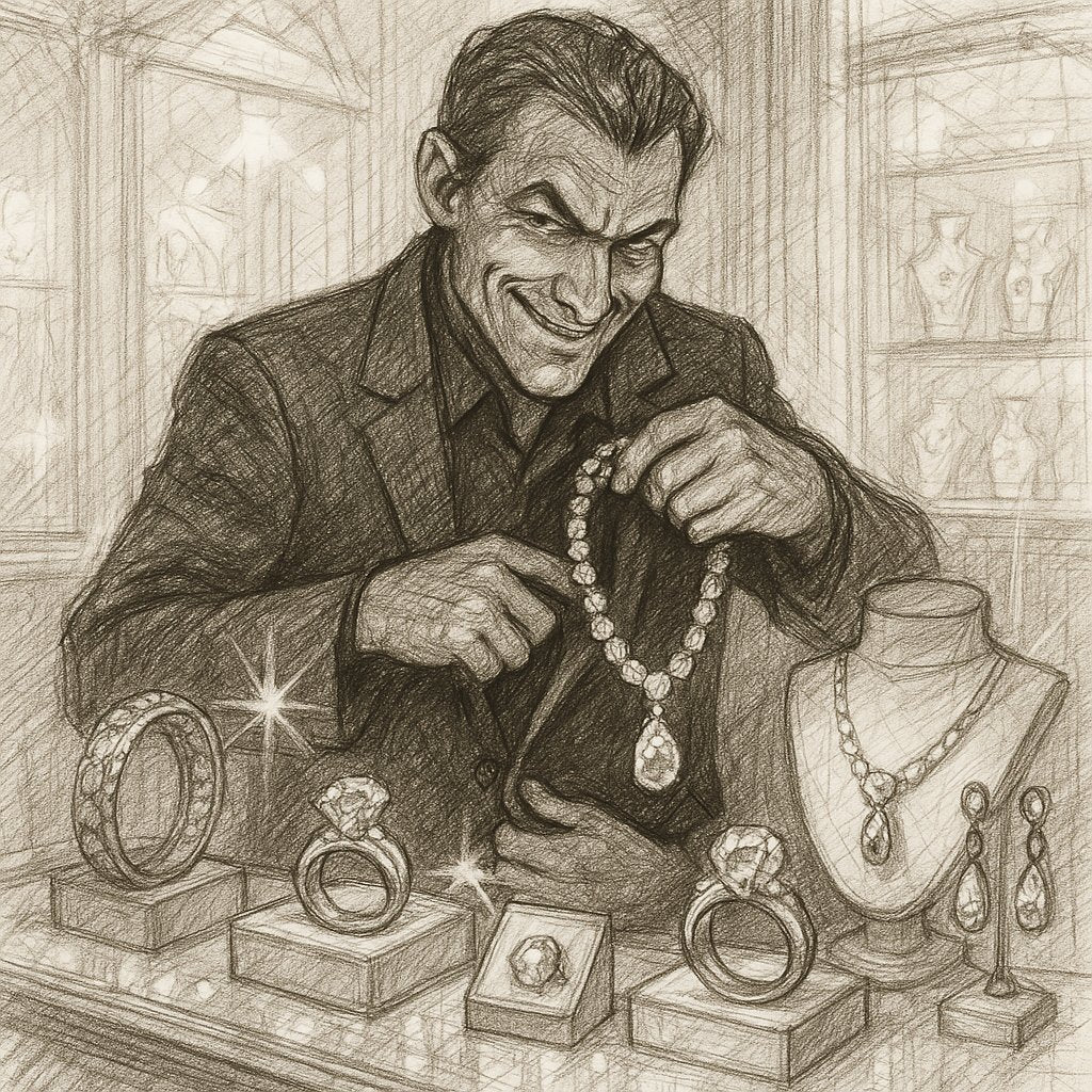 Diamond necklace and handcuffs on dark background representing jewelry used in crimes