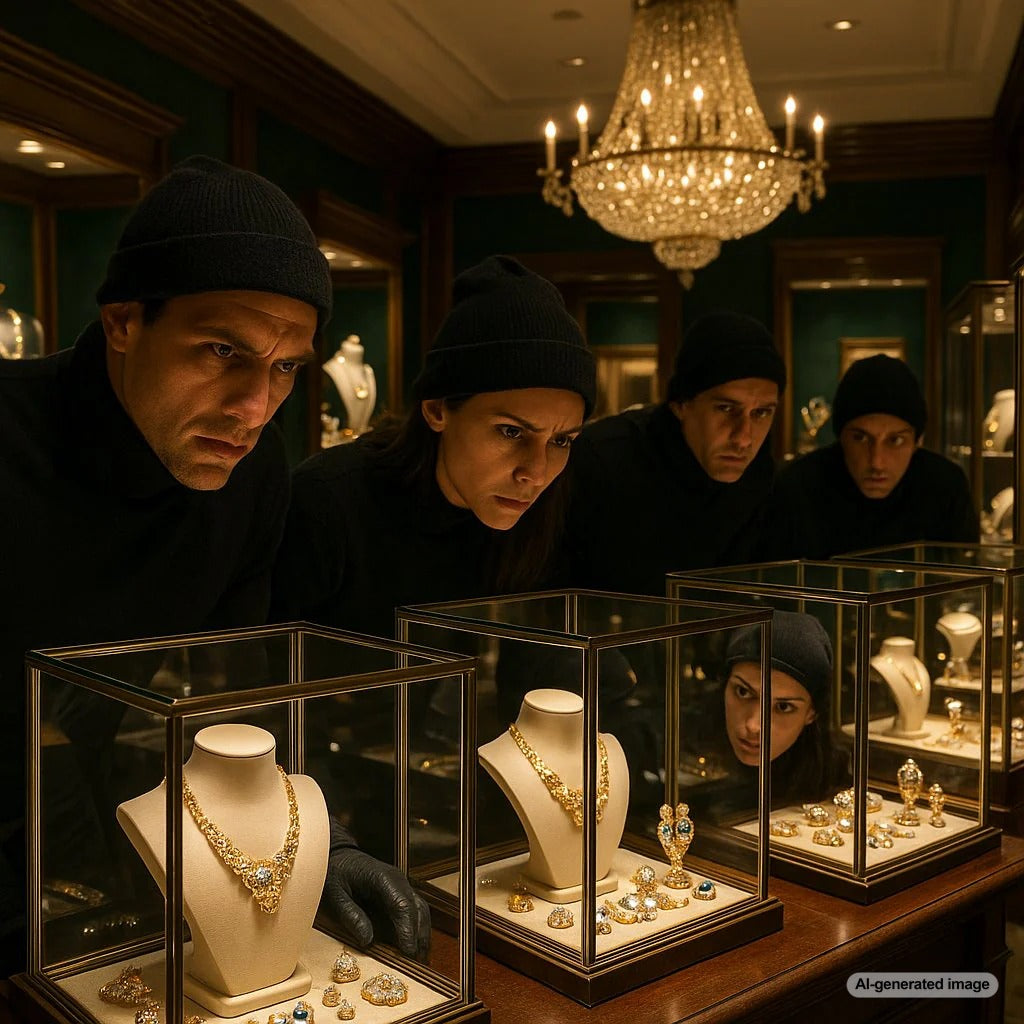 Diamond heist scene with scattered jewels and a cracked display case