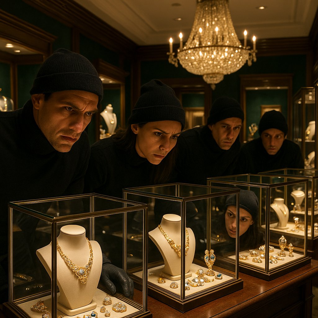 Diamond heist scene with scattered jewels and a cracked display case